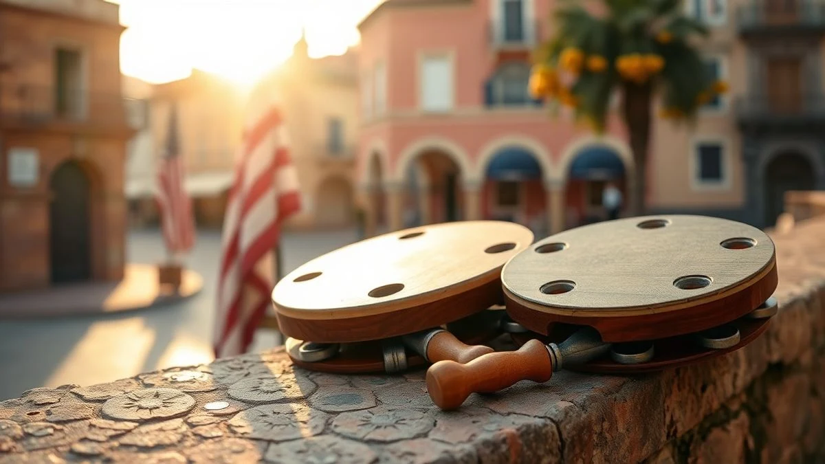 Illustrative image: castanets and tambourine on a stone windowsill with sunset light