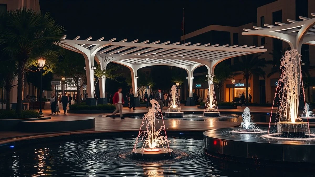 Illustrative image: modern urban plaza illuminated at night, with pergolas, fountains, and Mediterranean vegetation.