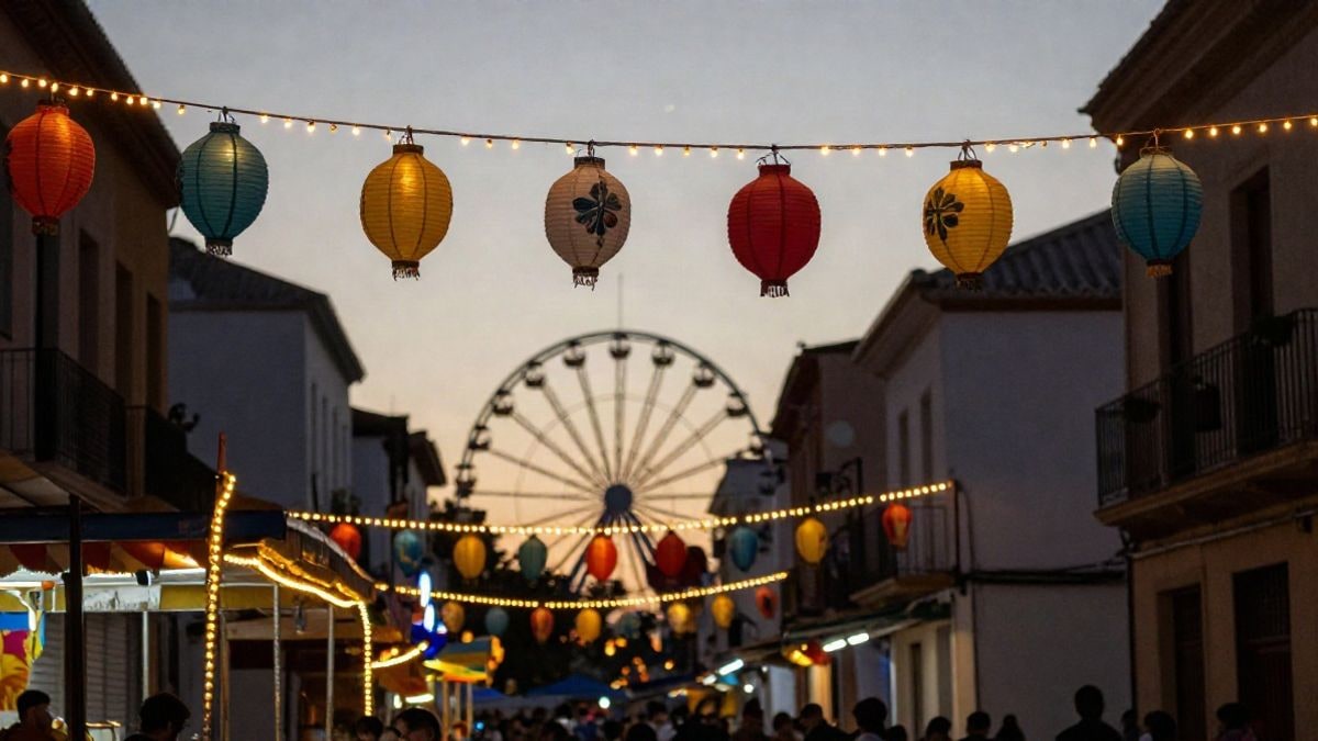 Imagen ilustrativa: calle de recinto ferial al atardecer con luces LED y noria al fondo