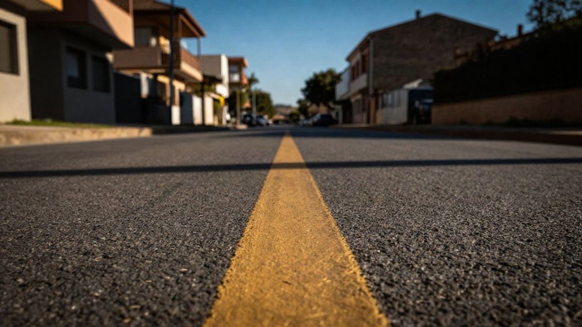 Imagen ilustrativa: calle recién asfaltada con línea amarilla y edificios residenciales al fondo