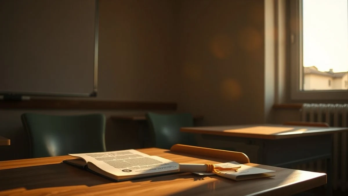 Un pupitre con un libro abierto y un diploma iluminados por la luz del atardecer
