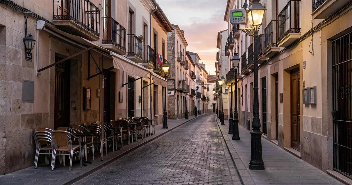 Calle del centro histórico de Málaga con terrazas cerradas y un medidor de ruido en una farola