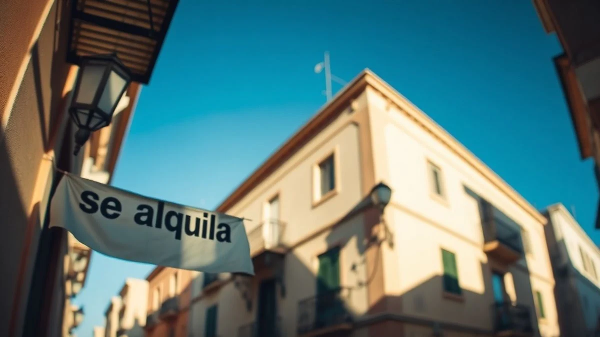 Residential street in Málaga with a rental sign on a balcony, blue sky in the background