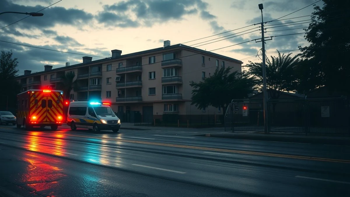 Edificio residencial al atardecer con un camión de bomberos y luces de emergencia en la calle Loma de los Riscos en Torremolinos
