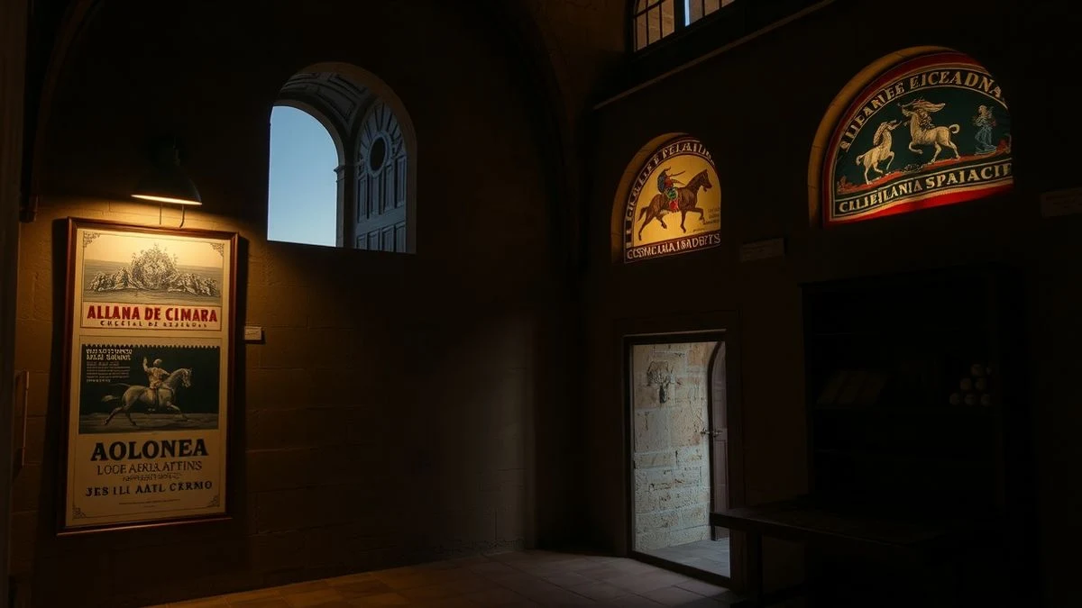 Imagen ilustrativa: interior de una fortaleza histórica con carteles taurinos antiguos expuestos bajo luz cálida