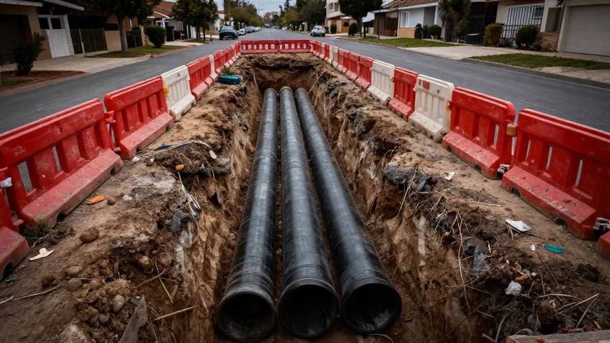 Imagen ilustrativa: vista cenital de una zanja abierta en una calle con tuberías de agua apiladas