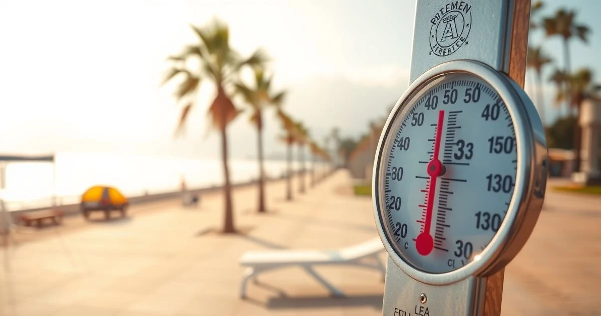 Termómetro marcando 33 grados en primer plano sobre el paseo marítimo de Estepona con playa y cielo brumoso al fondo