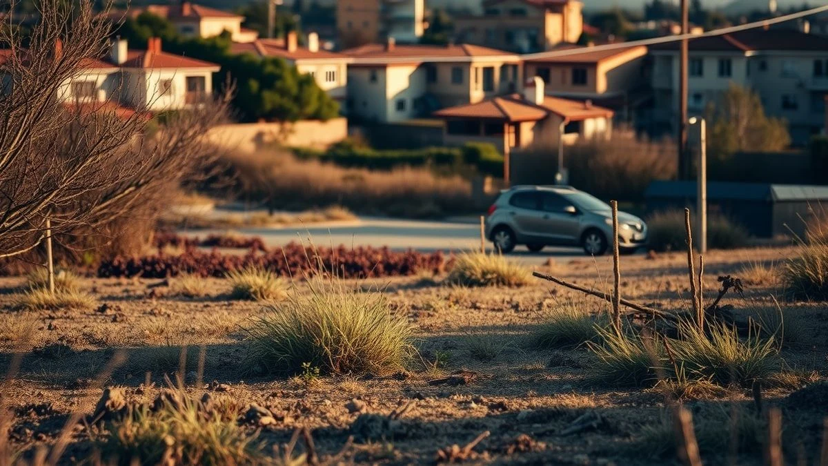 Imagen ilustrativa: un solar abandonado con vegetación seca en un entorno urbano al atardecer.