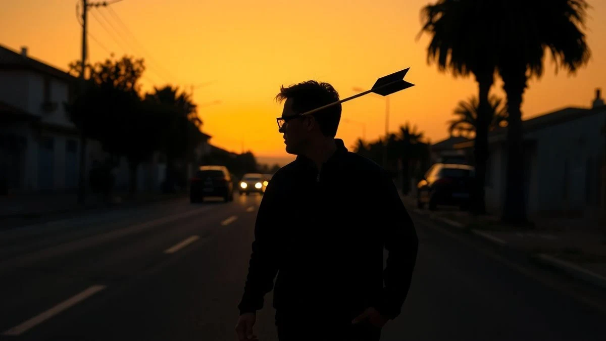 Silhouette of a wild boar with an arrow in its side at sunset on a street in Mijas Costa