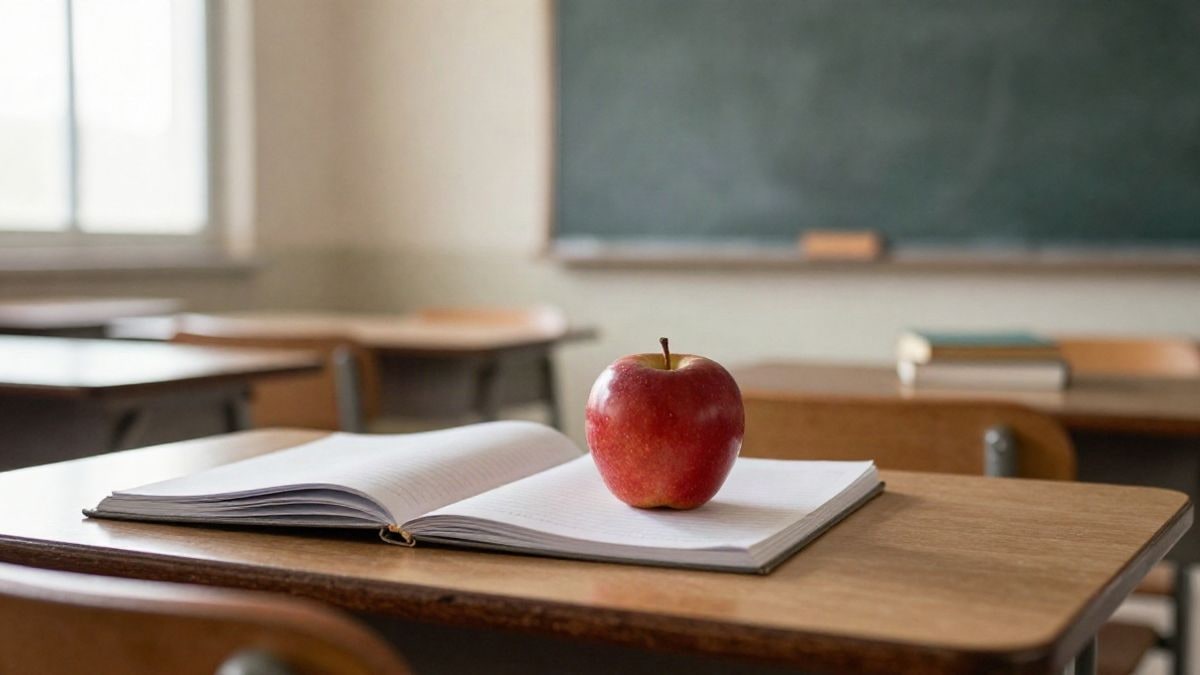 Illustrative image: a wooden desk with a notebook, apple, and books in an empty classroom with natural light