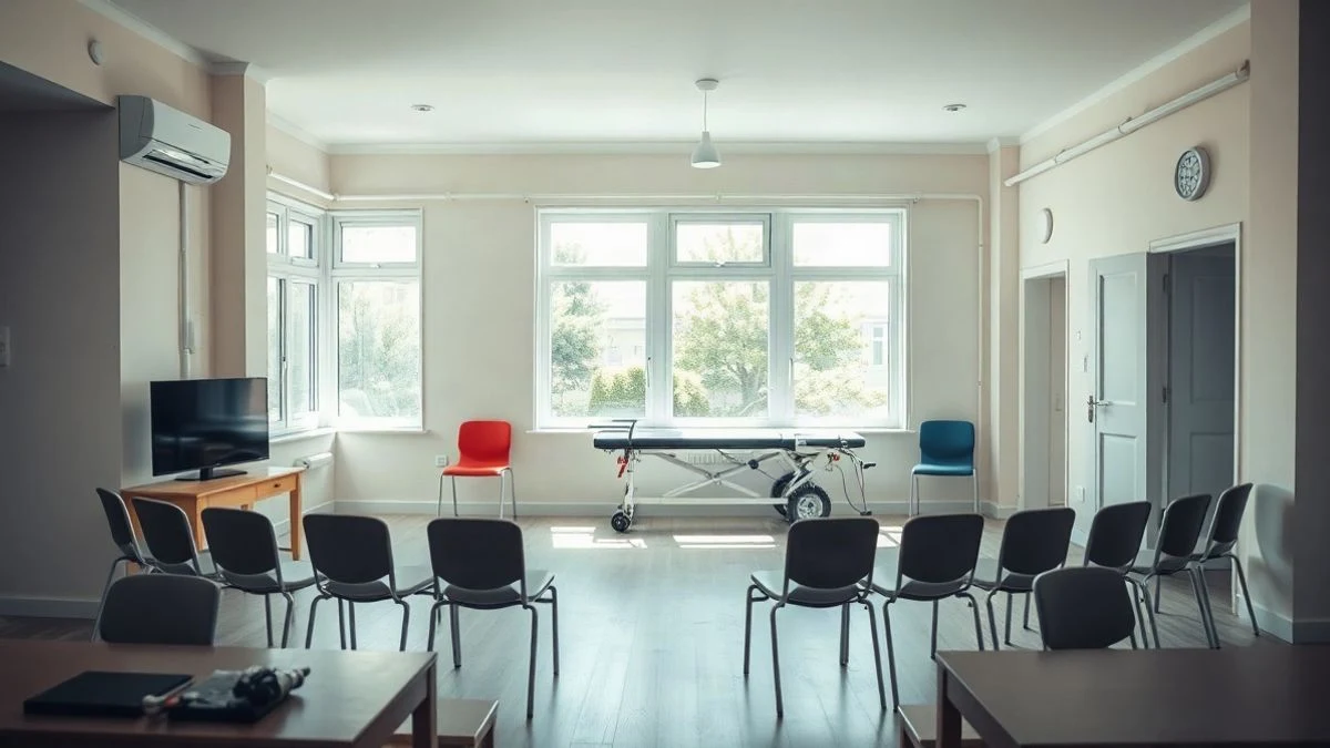 Imagen ilustrativa: sala de un centro de atención social con sillas y camilla de fisioterapia, iluminada por luz natural.
