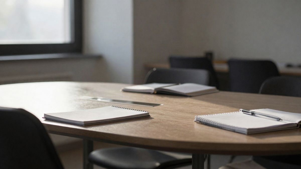 Imagen ilustrativa: mesa de reuniones con sillas vacías y material de trabajo en una sala luminosa