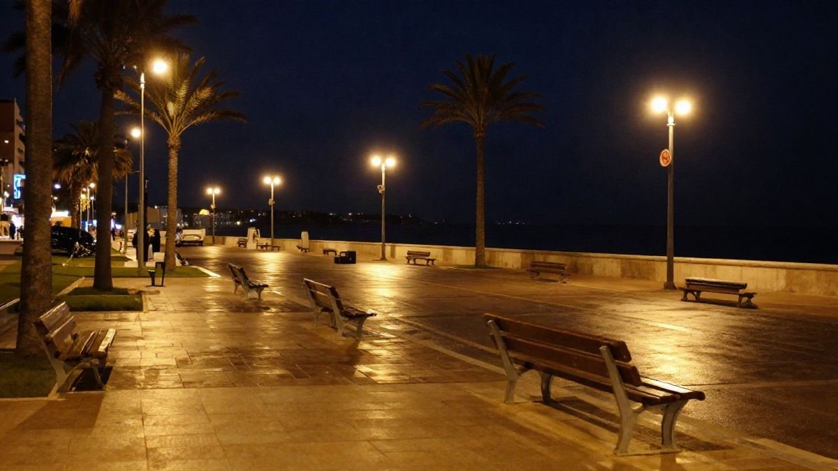 Imagen ilustrativa: paseo marítimo nocturno con farolas encendidas y palmeras junto al mar
