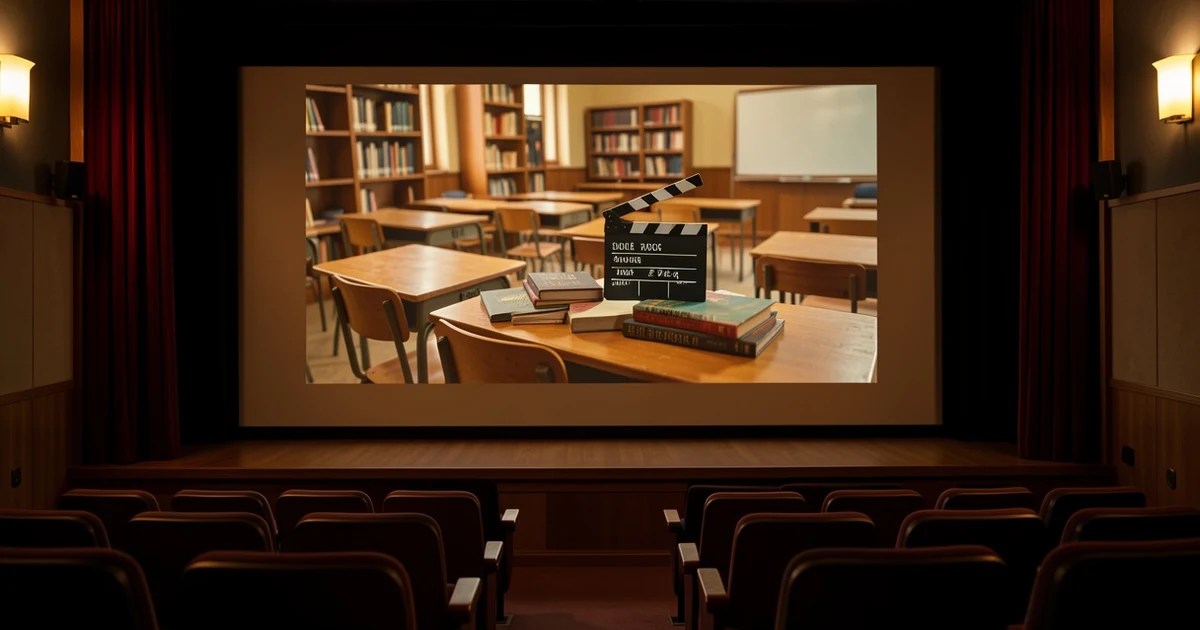 Pantalla de cine con escena de aula y material de rodaje