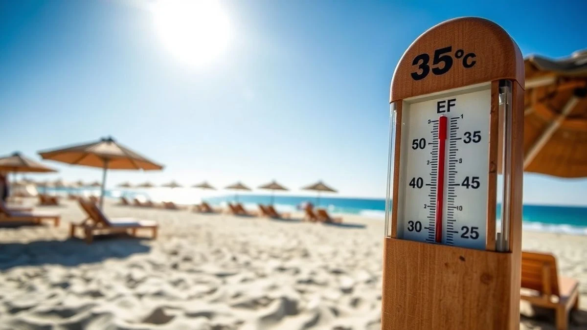 Termómetro marcando 35 grados en una playa de Estepona con cielo despejado y sombrillas vacías