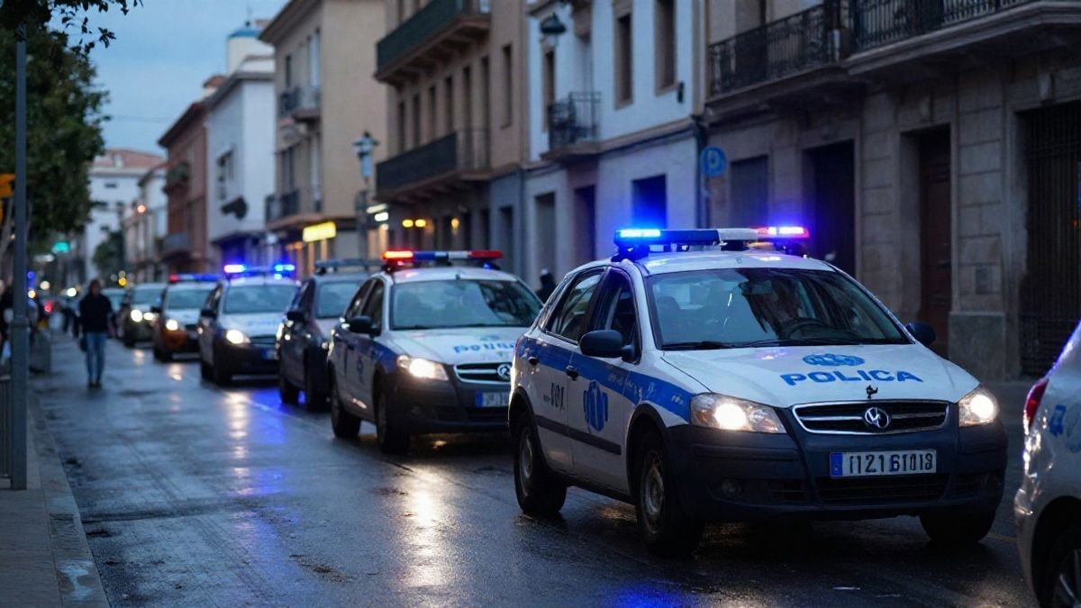 Imagen ilustrativa: un coche de policía aparcado en una calle de ciudad al atardecer, con luces azules reflejándose en el asfalto mojado