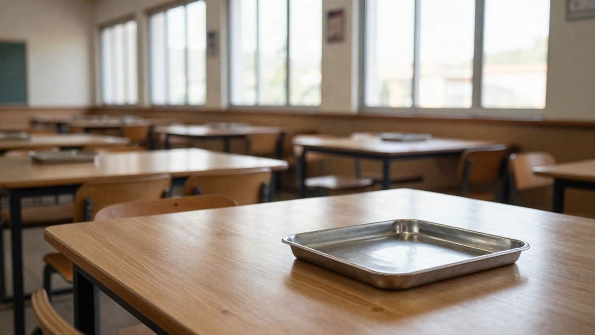 Imagen ilustrativa: un comedor escolar vacío con una bandeja metálica sobre una mesa larga de madera