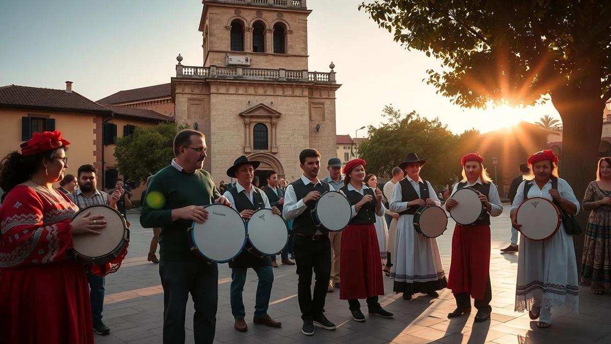 Plaza de los Cangrejos de Nerja con músicos de pastorales tocando instrumentos tradicionales al atardecer