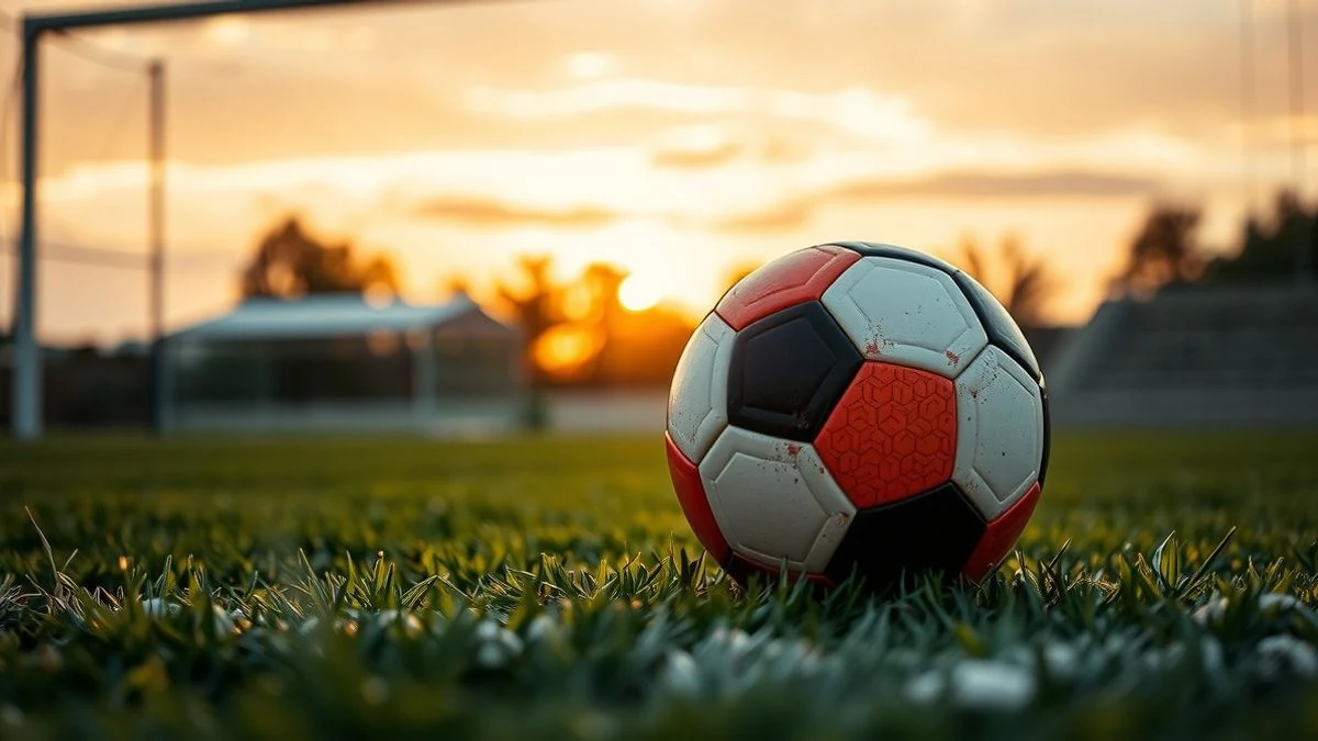 Balón de fútbol en el punto de penalti sobre el césped, con la portería y la red al fondo desenfocadas.