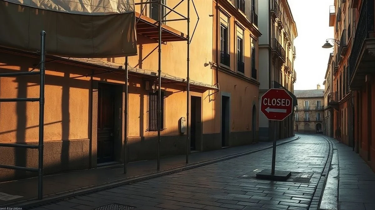 Imagen ilustrativa: calle empedrada de un casco antiguo con una fachada protegida por un andamiaje metálico y una señal de tráfico.