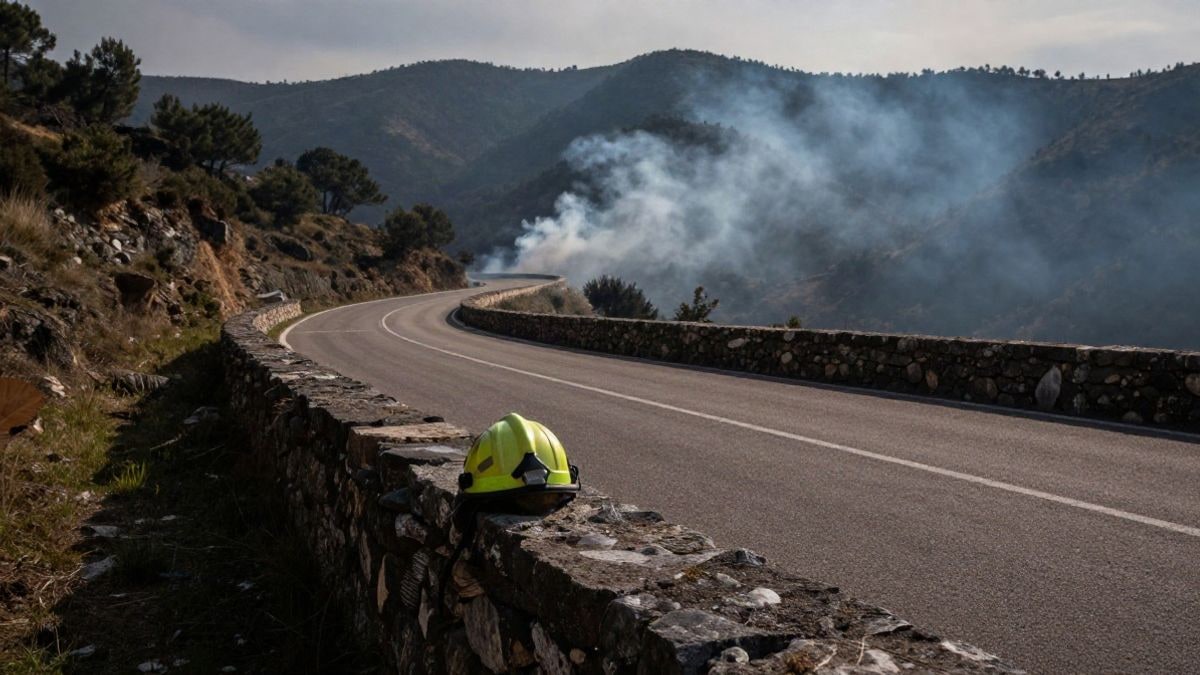 Illustrative image: rural mountain road at sunset with smoke in the background and a firefighter's helmet in the foreground
