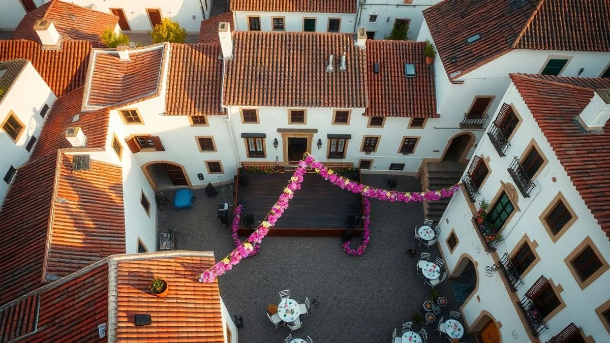 Imagen ilustrativa: vista aérea de una plaza de pueblo engalanada con guirnaldas y flores de papel para una fiesta