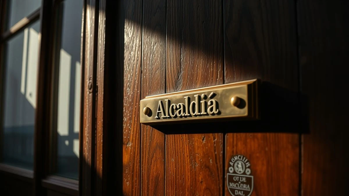 Imagen ilustrativa: detalle de la puerta de madera de un despacho de alcaldía con placa de bronce, en un ambiente de sombras y luz natural.