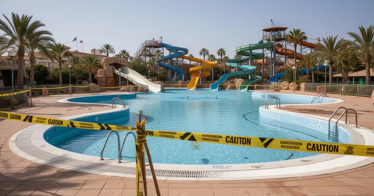 Closed water park in Málaga with yellow tape and maintenance equipment