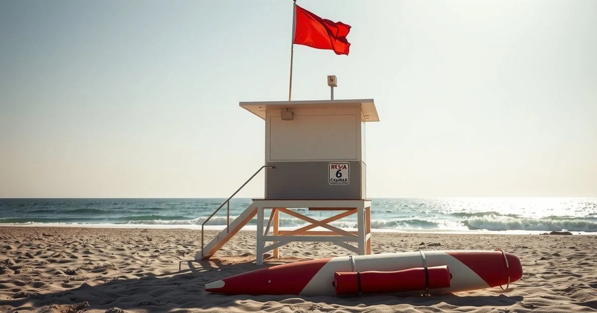 Torre de vigilancia vacía en una playa de Málaga con bandera roja y material de salvamento en la arena