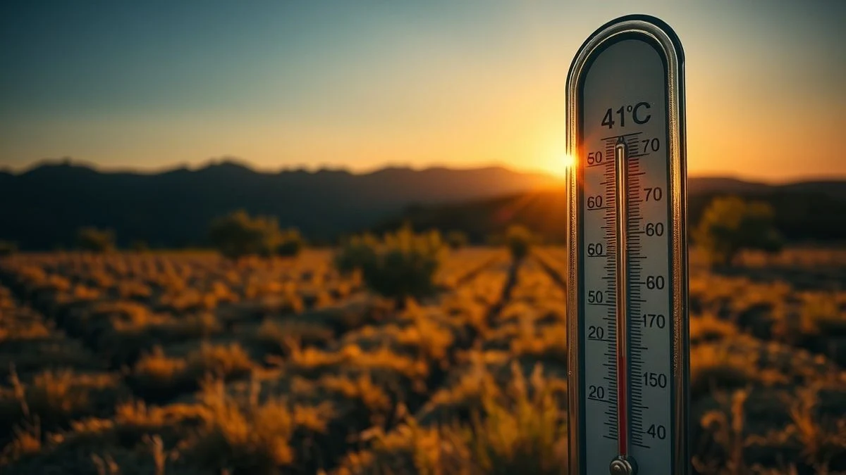 Termómetro que marca 41 grados en un paisaje rural al atardecer, con olivos y montañas de fondo