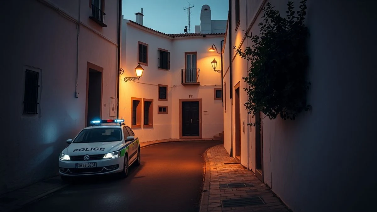 Calle estrecha de un pueblo andaluz al atardecer con un coche de la Guardia Civil aparcado