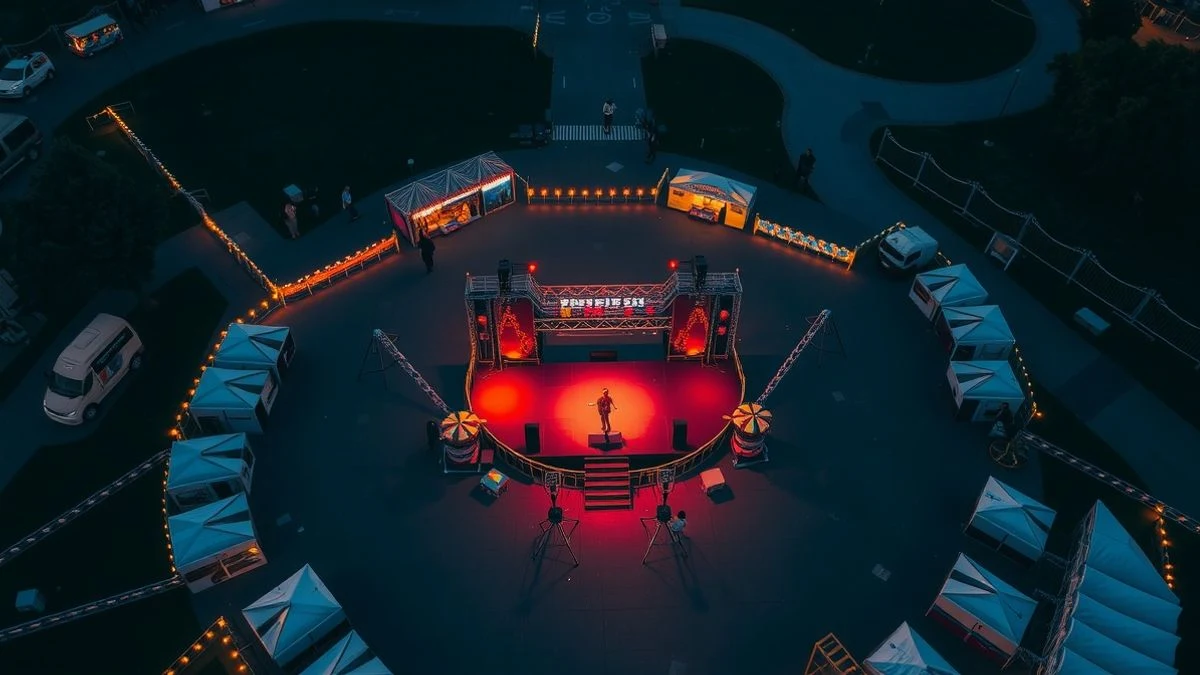 Imagen ilustrativa: vista cenital de un recinto ferial con casetas iluminadas y un escenario central vacío al atardecer.