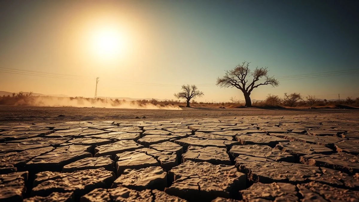 Lecho de río seco y agrietado bajo un sol abrasador, con un olivo marchito al fondo y calima.