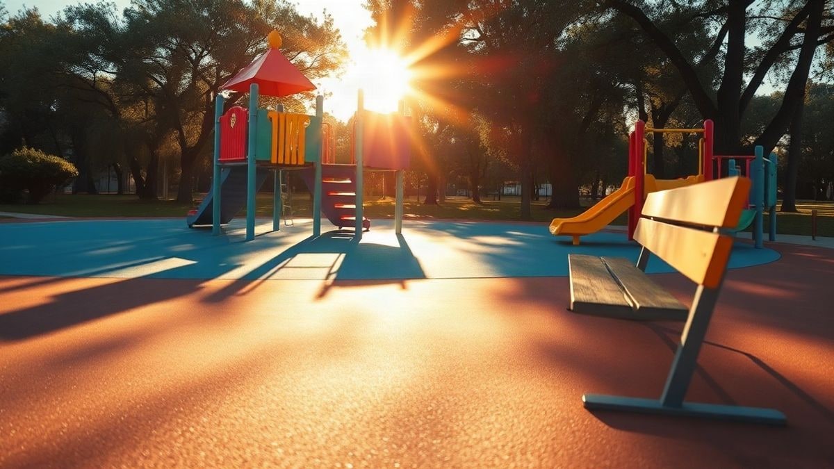Imagen ilustrativa: un parque infantil con nuevos juegos y pavimento de caucho, con árboles al fondo.