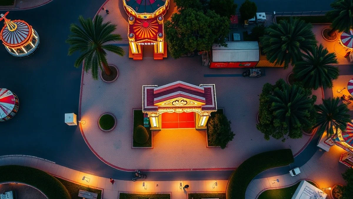 Imagen ilustrativa: vista cenital de un recinto ferial vacío con luces decorativas y una portada iluminada al atardecer.