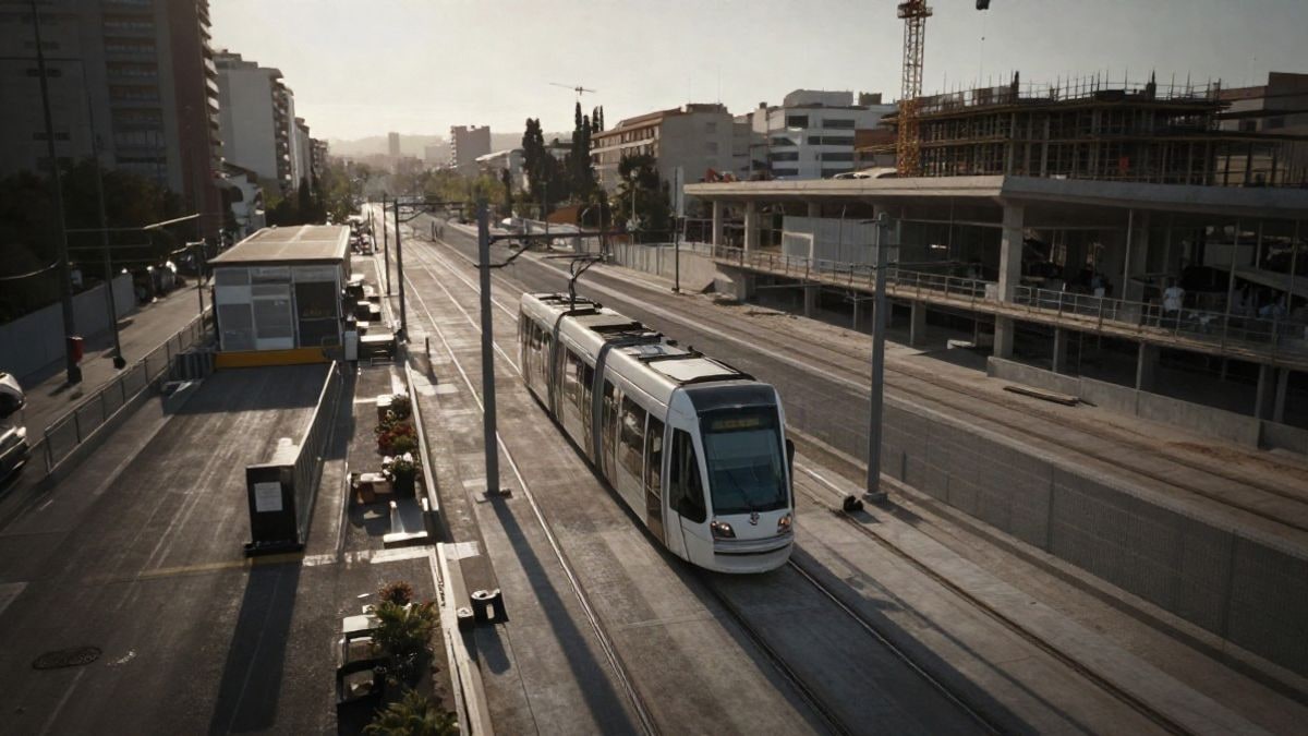 Imagen ilustrativa: vista aérea de una línea de metro ligero en construcción en una ciudad española, con vías y grúas al atardecer.