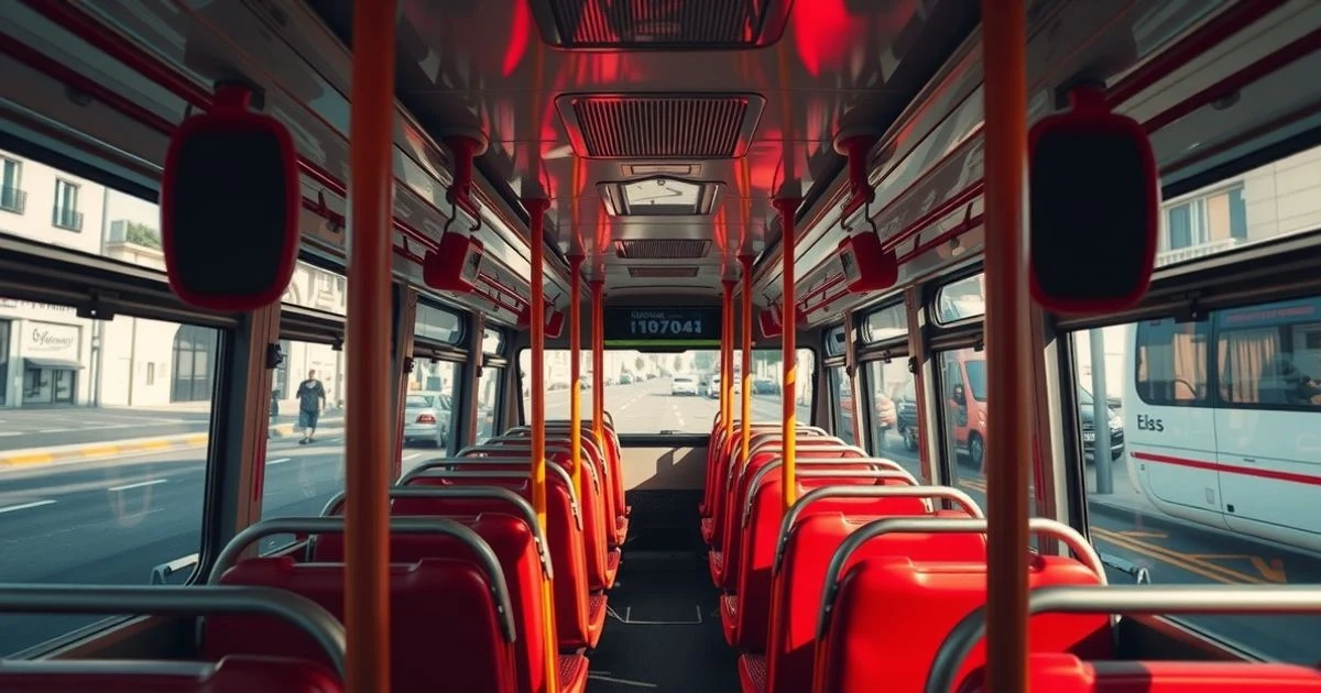 Empty interior of an urban bus in Málaga with red seats and natural light