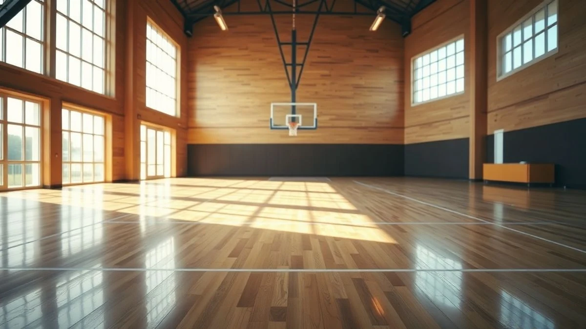 Illustrative image: interior of an empty sports pavilion with newly installed parquet flooring