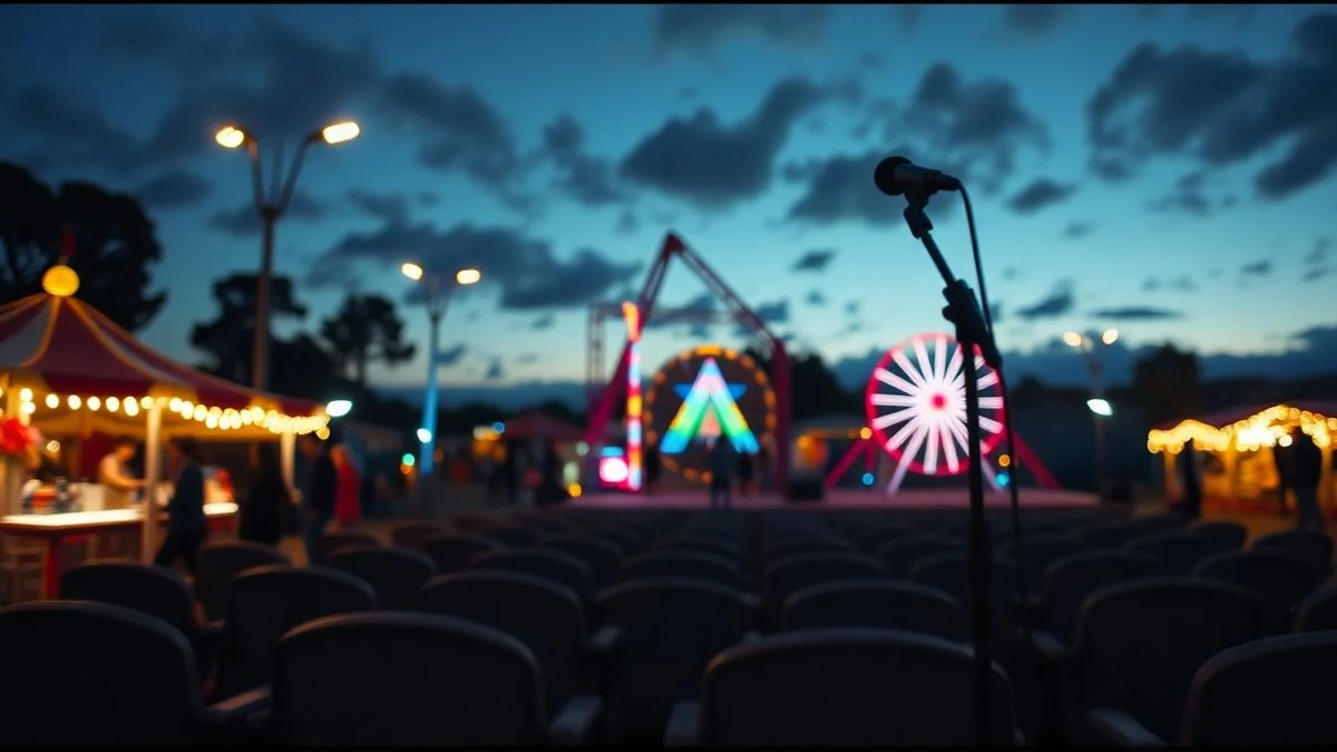 Imagen ilustrativa: un recinto ferial iluminado al atardecer, con una noria y un escenario vacío con micrófono