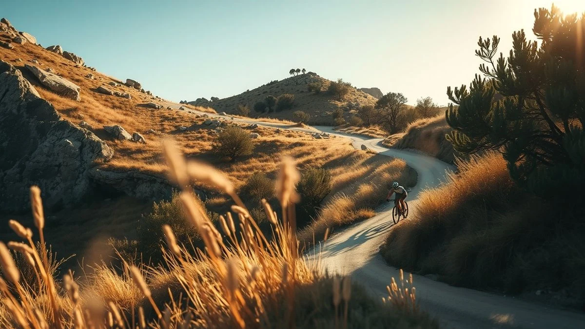 Imagen ilustrativa: un recorrido de BTT entre colinas y olivos al atardecer, con un ciclista de fondo.