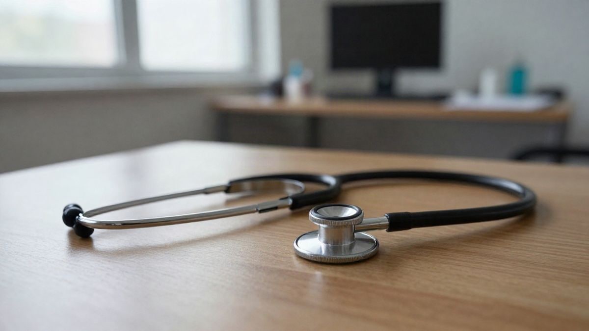 Illustrative image: a stethoscope on a wooden table in a bright medical consultation.