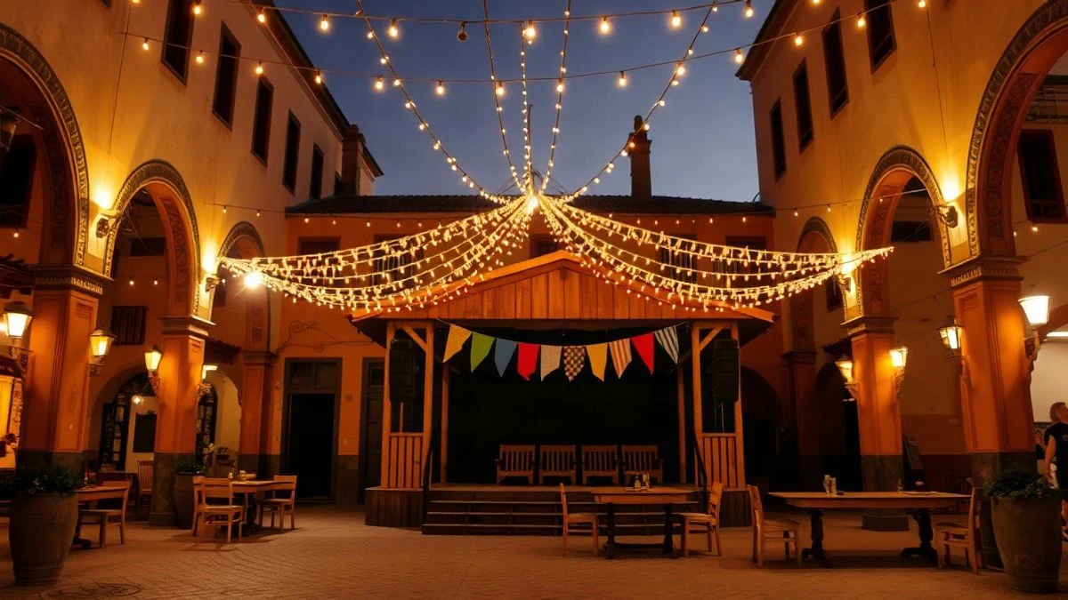 Imagen ilustrativa: plaza española engalanada con luces y un escenario para una verbena al atardecer