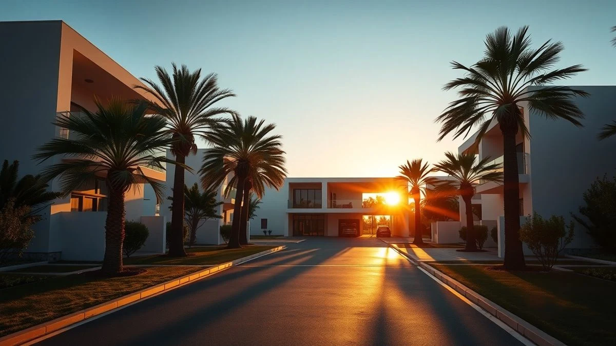 Entrada de una urbanización de lujo en Marbella al atardecer, con palmeras y sombras alargadas