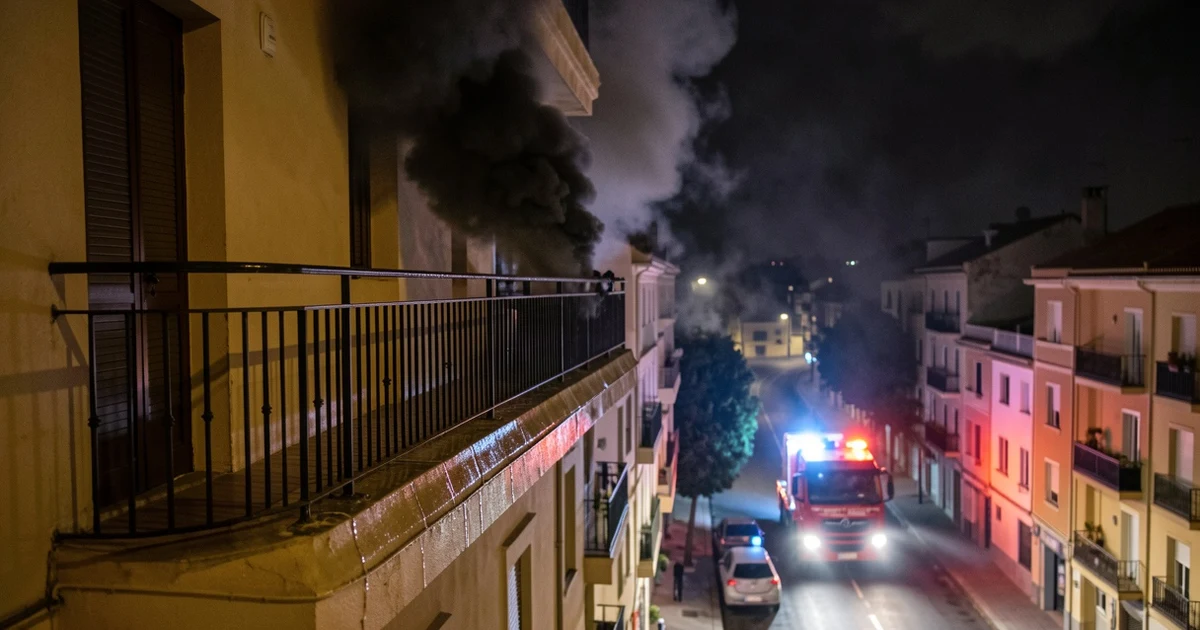 Cornisa exterior de un edificio residencial con humo negro saliendo de un ático, iluminada por luces de emergencia por la noche