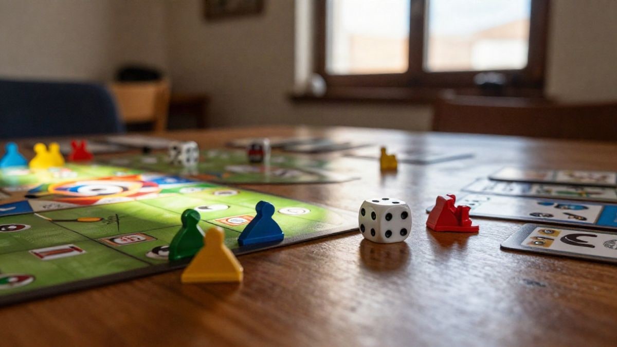 Imagen ilustrativa: primer plano de piezas y dados de juegos de mesa sobre una mesa de madera