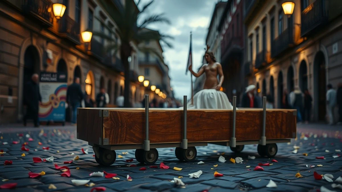 Detalle del trono de la Virgen del Carmen sobre adoquines con pétalos de flores al atardecer