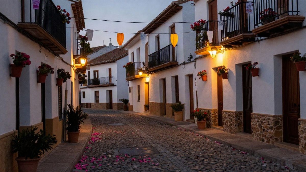 Imagen ilustrativa: calle empedrada de un pueblo andaluz con farolillos y pétalos en el suelo al atardecer