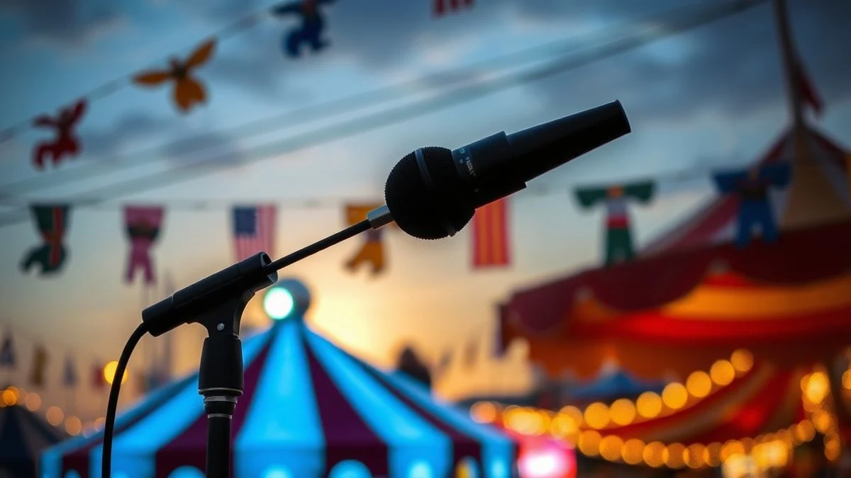 Imagen ilustrativa: un escenario con focos y micrófono al atardecer, con casetas de feria iluminadas al fondo