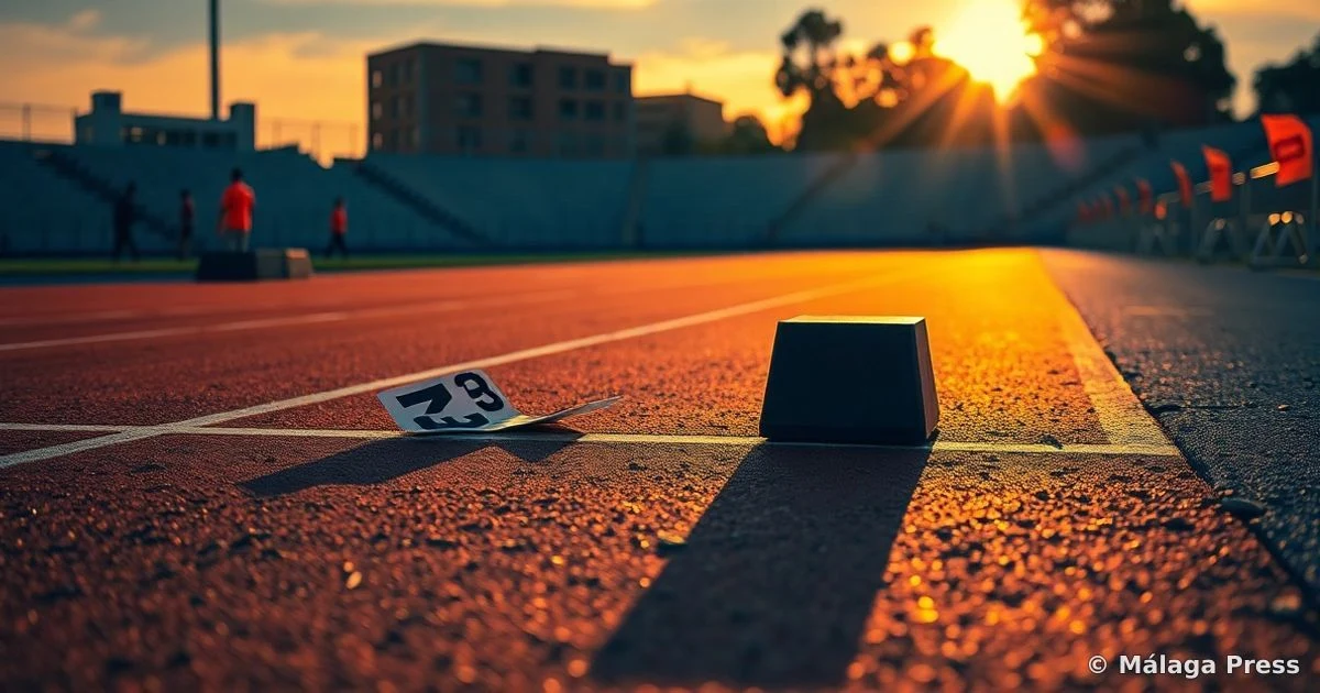 Pista de atletismo con un taco de salida y un dorsal en el suelo al atardecer