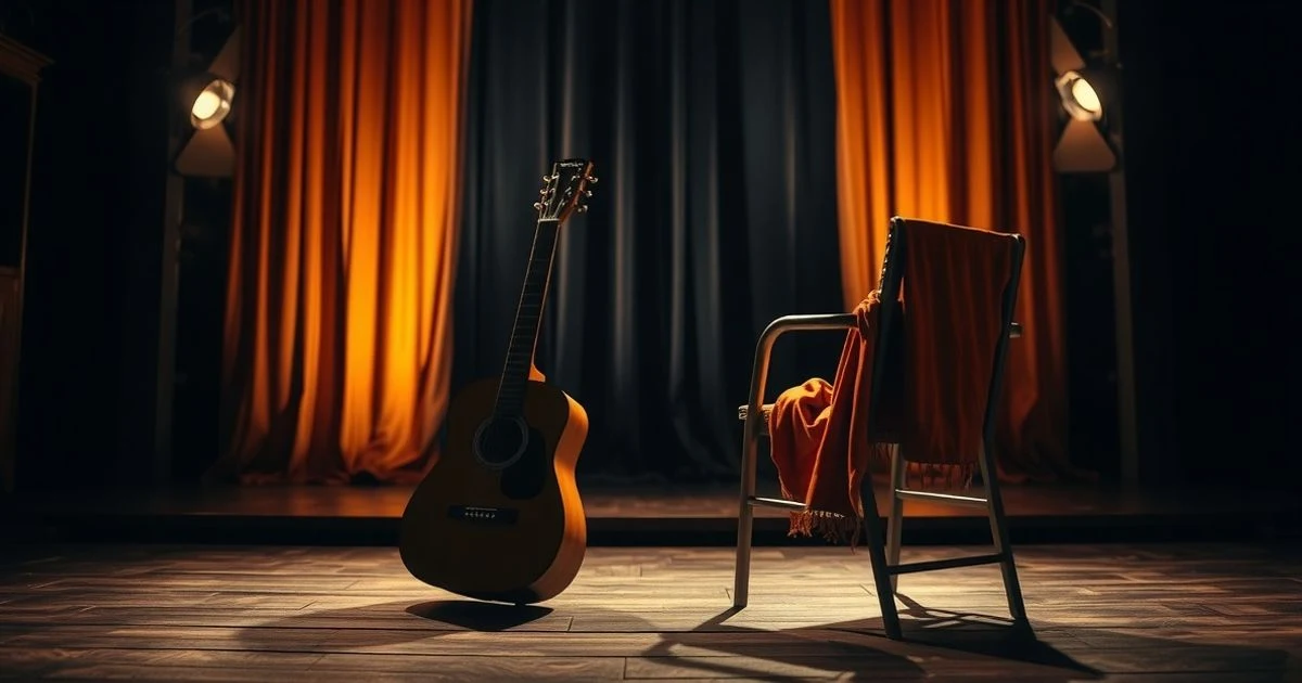 Flamenco stage with guitar and red shawl, warm lights, theatrical atmosphere